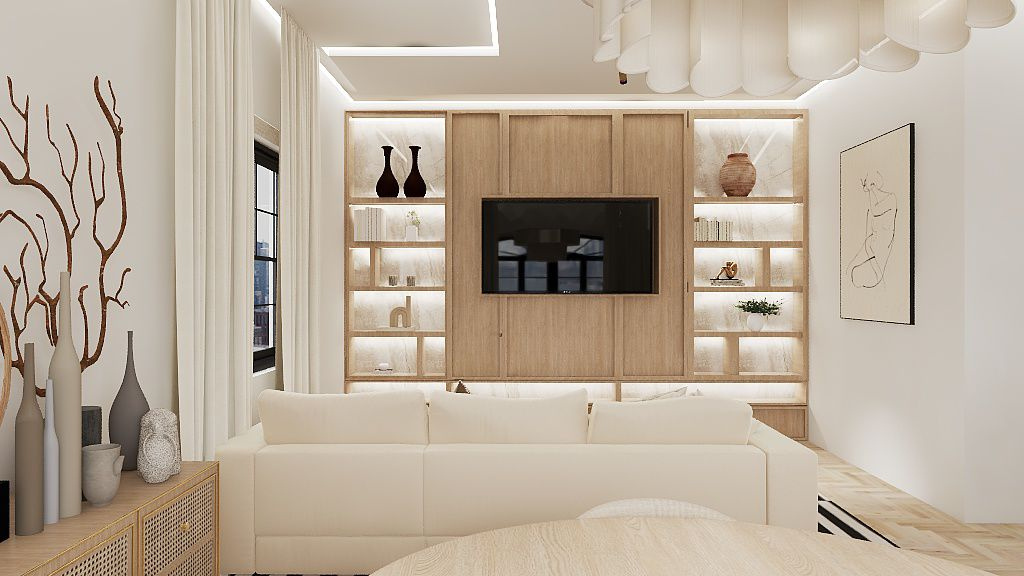 Living room with a light oak media wall and cream sofa