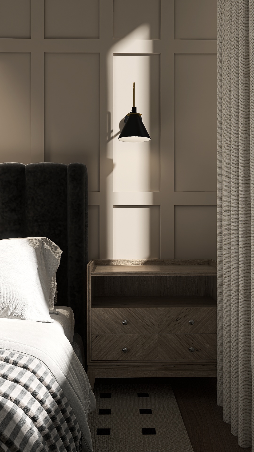 Bedside detail with black brass sconce and herringbone oak nightstand
