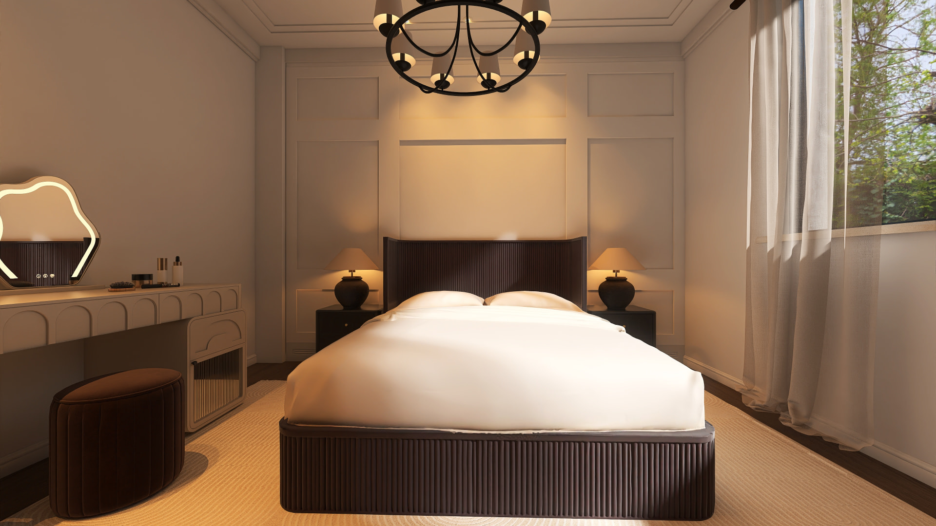 Warm bedroom with arched vanity, black chandelier and fluted bed