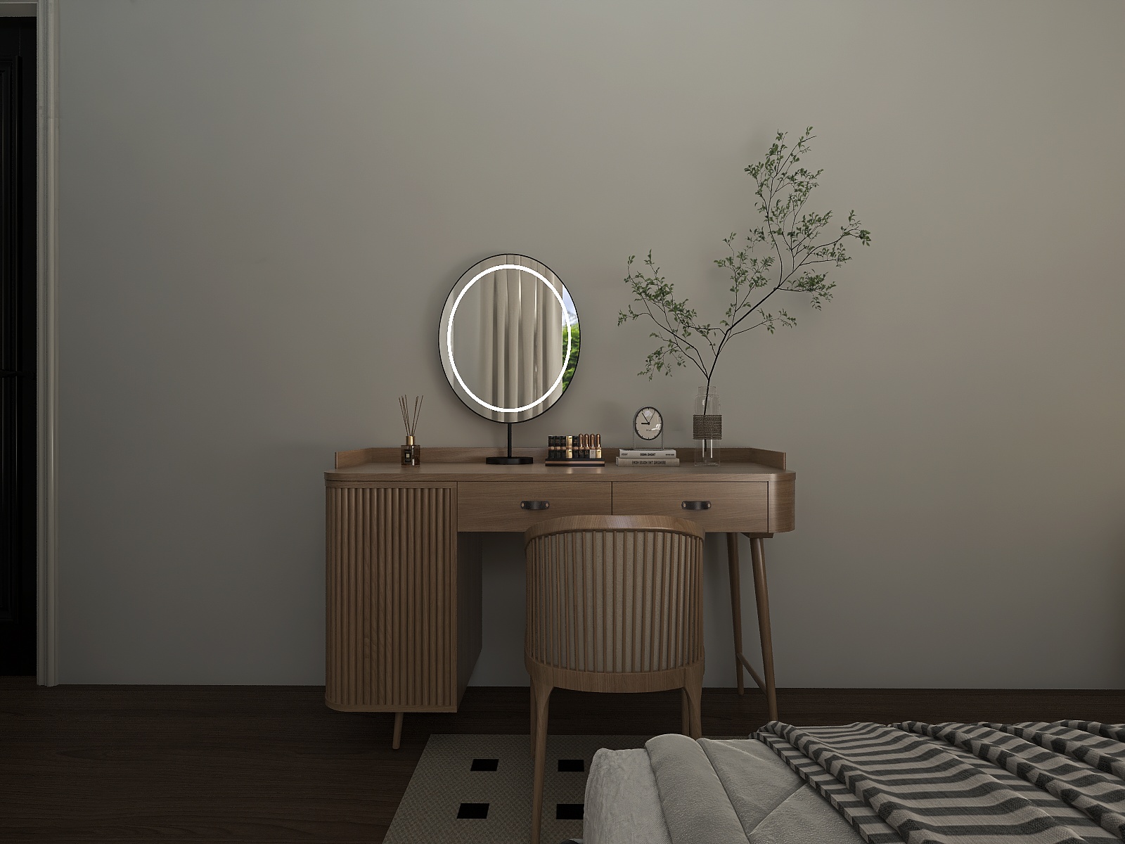 Fluted oak vanity with backlit round mirror and greenery
