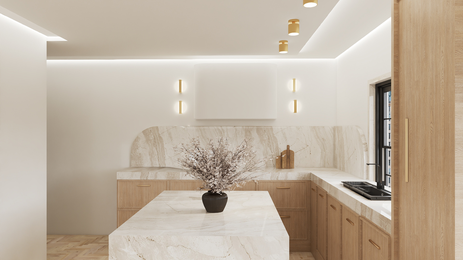 Kitchen with full-height marble backsplash and oak cabinetry