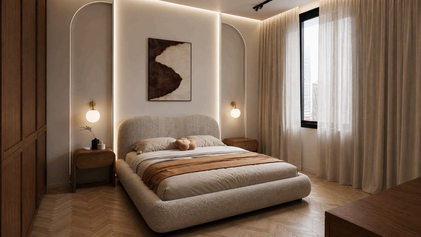 Serene bedroom with arched lighting niches and a boucle bed