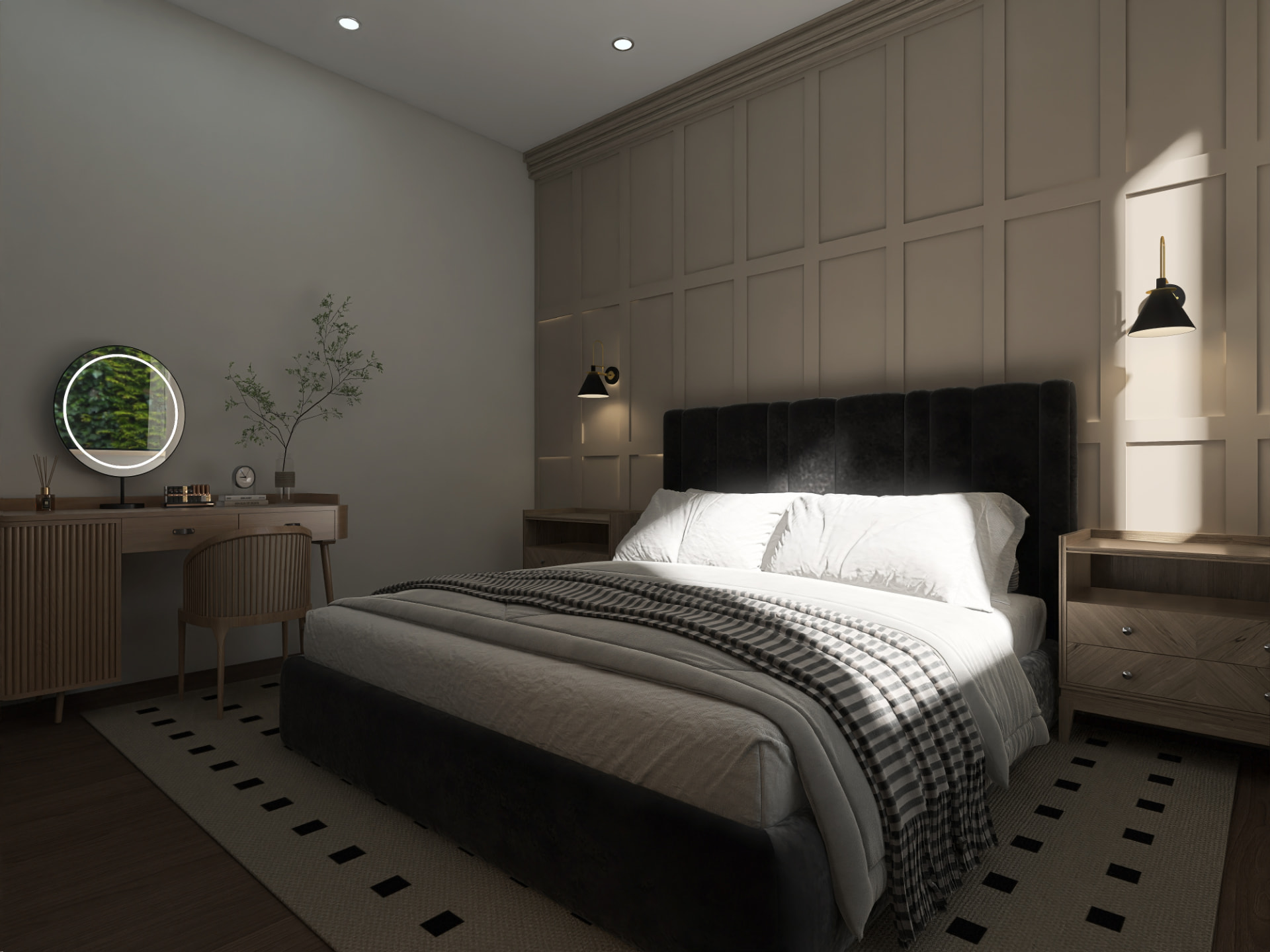 Master bedroom with panelled walls, velvet bed and brass sconces