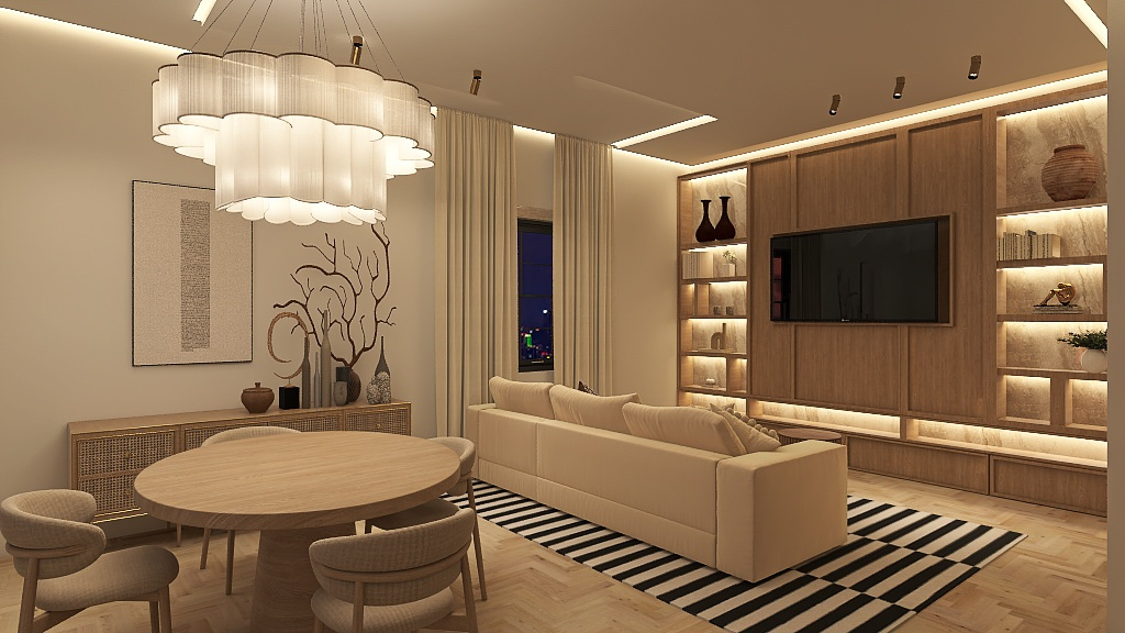 Warm neutral living and dining room designed by Karla Cardinale