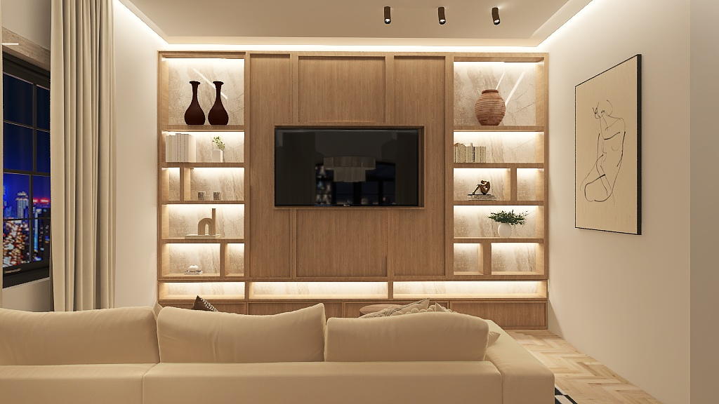 Backlit oak and stone media wall with cream sectional sofa